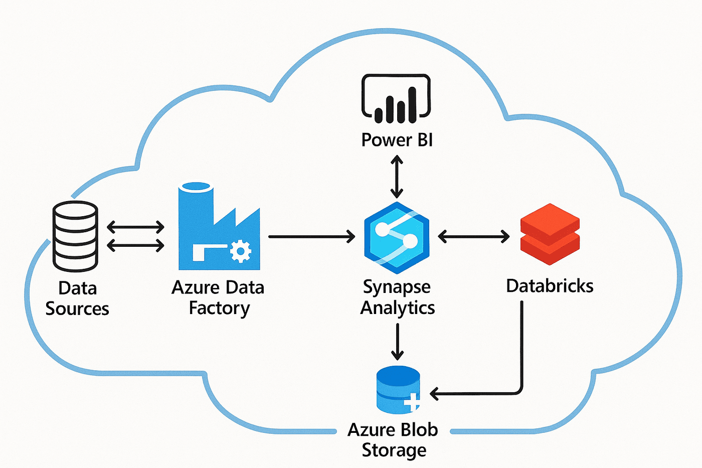 Cloud data architecture diagram showing data sources flowing through Azure Data Factory, Synapse Analytics, and Databricks into Power BI