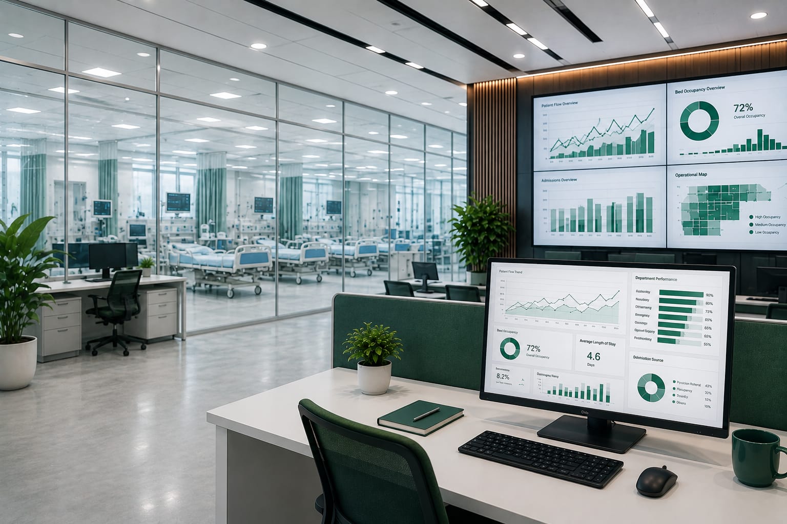 Healthcare analytics dashboard showing patient flow, bed occupancy, and admissions metrics in a hospital operations center