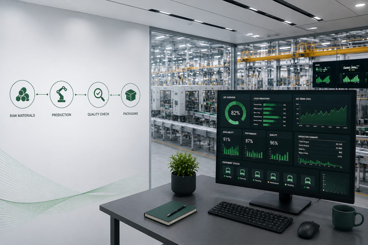 Manufacturing OEE dashboard showing equipment effectiveness, production output, and quality metrics on a factory floor
